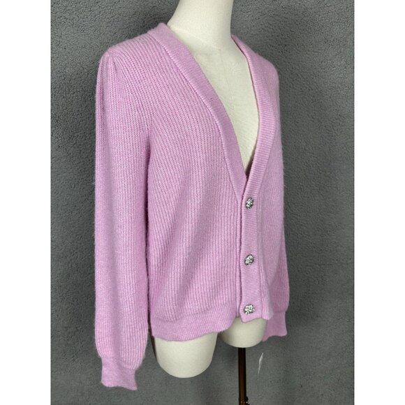 On 34th Women's Puff-Sleeve Jewel-Button Ribbed Cardigan Sweater Pink Medium NWT - Picture 3 of 8